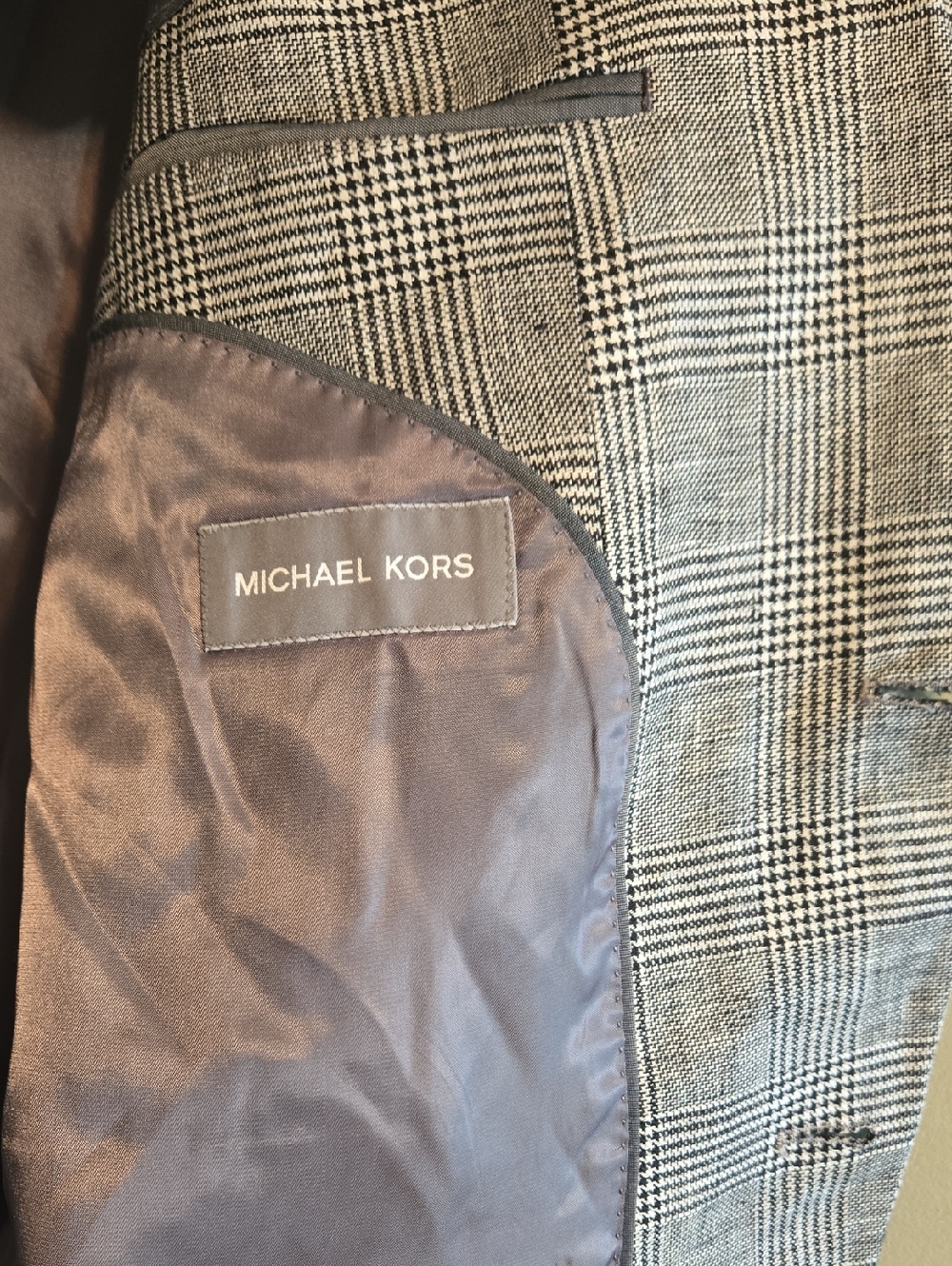 Michael Kors Mens Classic-Fit 100% Linen Plaid Sport Coat Blazer Grey Black 46L - Picture 6 of 11
